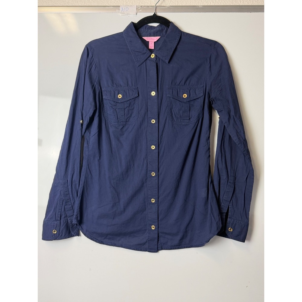 Lilly Pulitzer Navy Blue Button Down Shirt Gold Hardware Roll Tab Sleeve 2